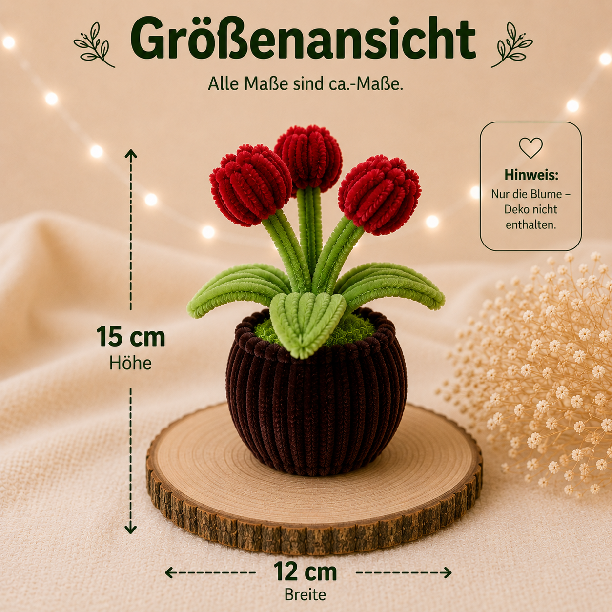 Handgefertigte rote Tulpen-Deko aus Chenilledraht mit ca. 15 cm Höhe und 12 cm Breite