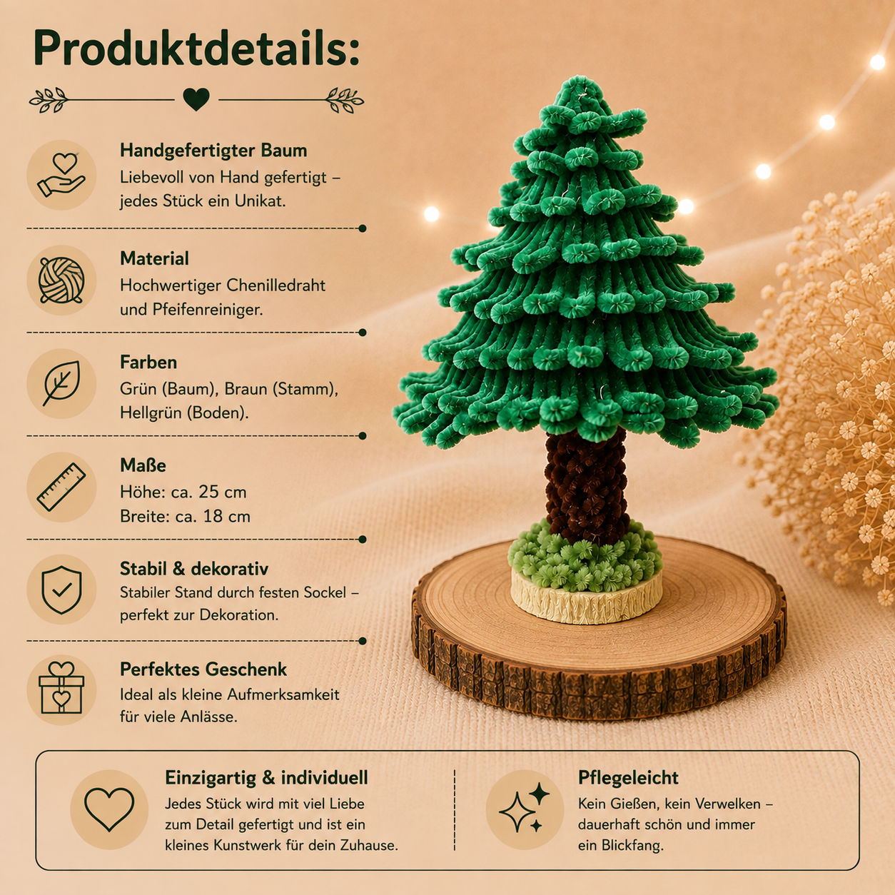Handgefertigter grüner Deko-Baum aus Chenilledraht mit braunem Stamm und Produktdetails