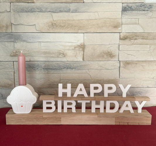 Geburtstagsdeko "HAPPY BIRTHDAY" – Deko Schriftzug mit Cupcake-Kerzenhalter