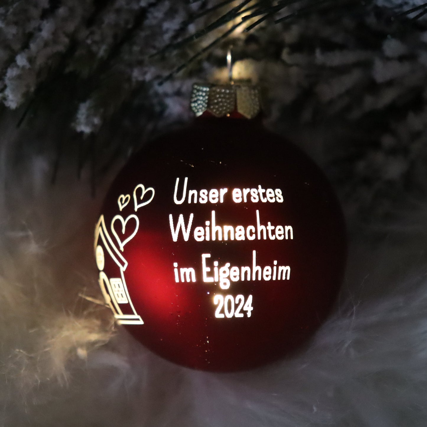 Personalisierte Weihnachtskugel mit Lasergravur „Unser erstes Weihnachten im Eigenheim“