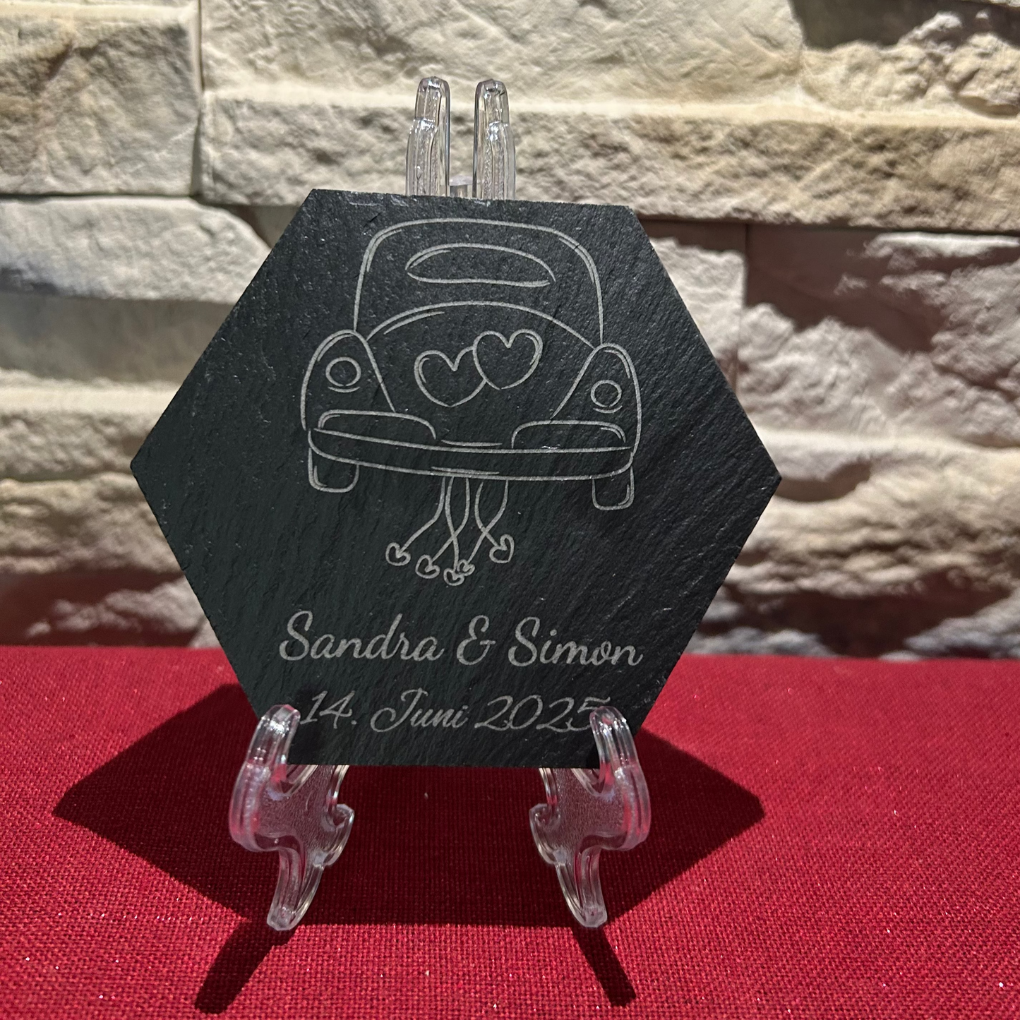 Schiefer Untersetzer Hochzeit „Just Married“ – personalisiert mit Namen & Datum