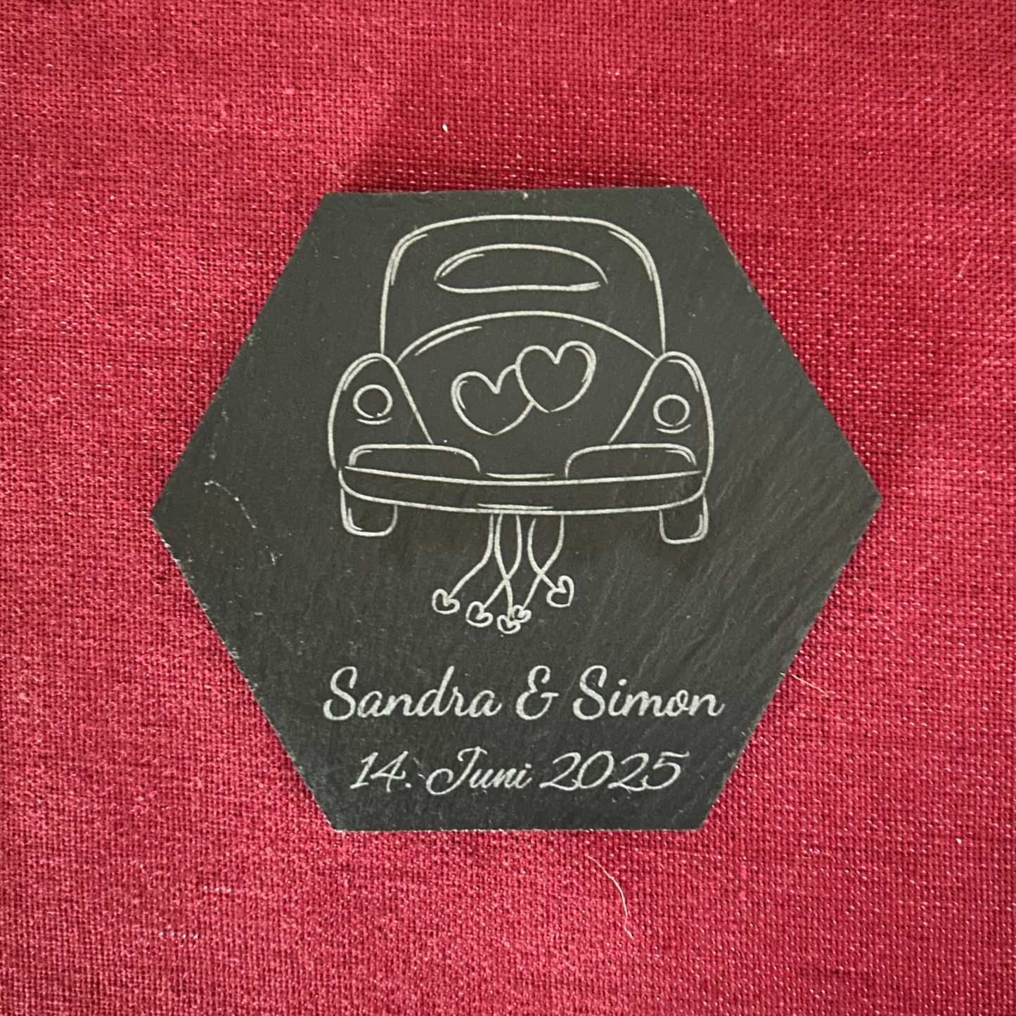 Schiefer Untersetzer Hochzeit „Just Married“ – personalisiert mit Namen & Datum