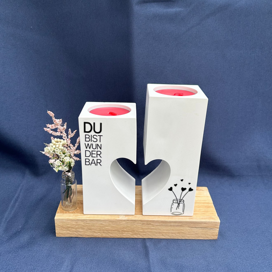 Kerzenhalter-Set mit Herz-Ausschnitt & Trockenblumen – „DU BIST WUNDERBAR“
