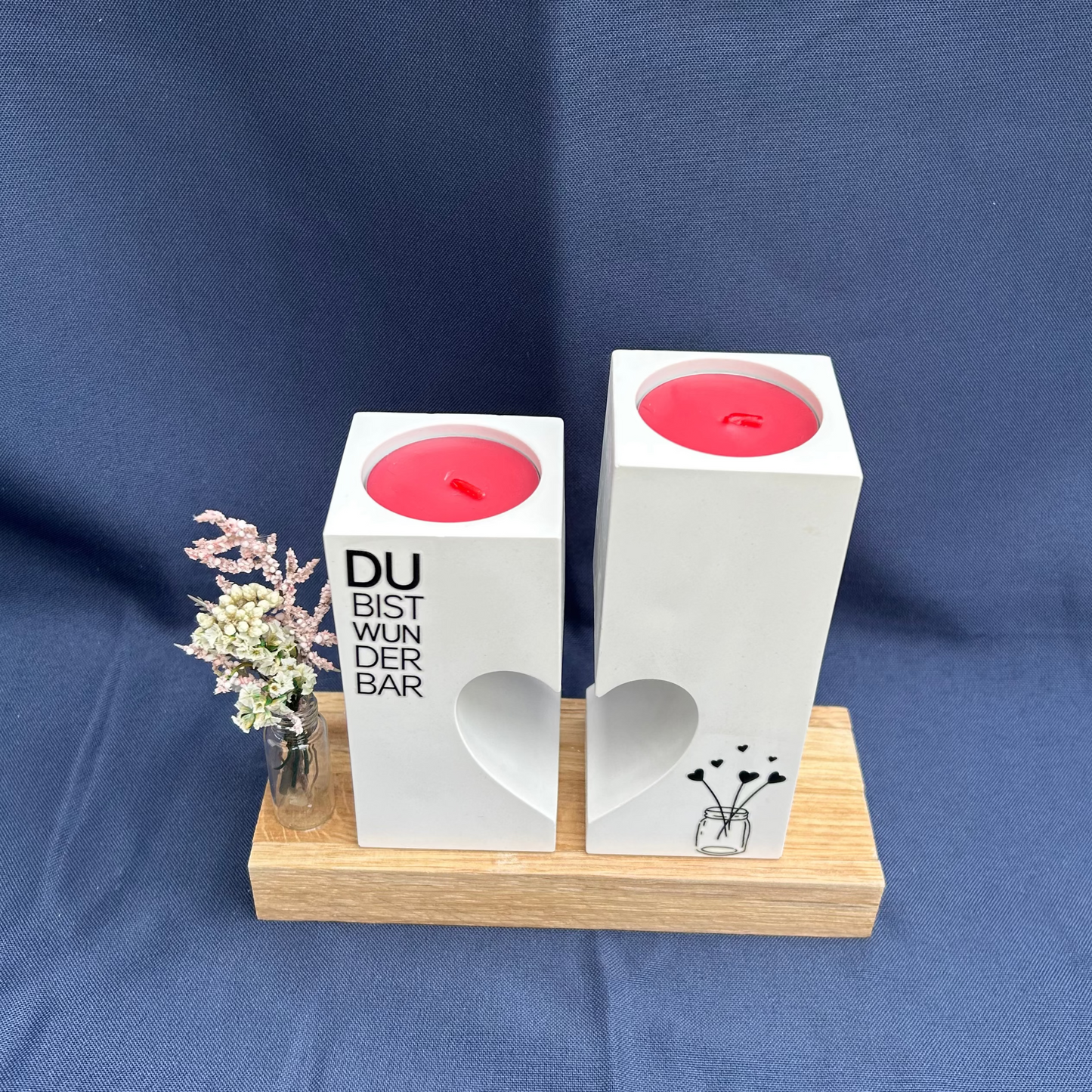 Kerzenhalter-Set mit Herz-Ausschnitt & Trockenblumen – „DU BIST WUNDERBAR“