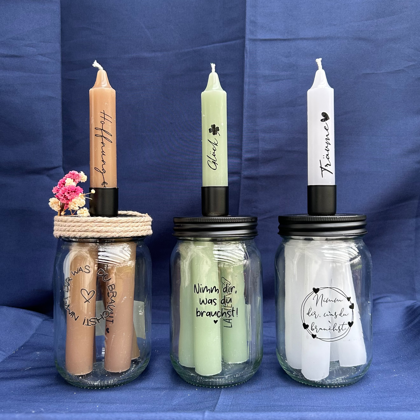 Kerzenglas mit Botschaft & 5 Spruchkerzen