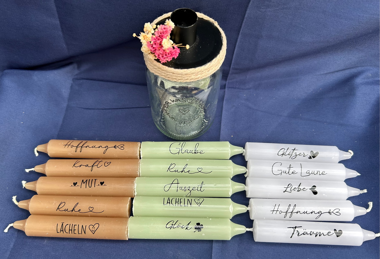 Kerzenglas mit Botschaft & 5 Spruchkerzen
