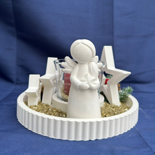 Dekoteller mit Schutzengel-Figur, Sternen und Kerze - Weihnachtsdeko