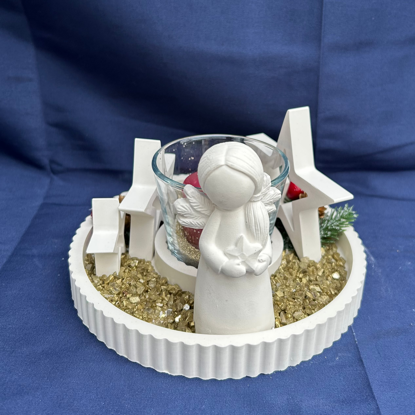 Dekoteller mit Schutzengel-Figur, Sternen und Kerze - Weihnachtsdeko