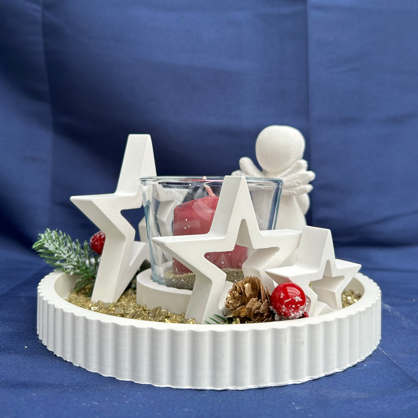 Dekoteller mit Schutzengel-Figur, Sternen und Kerze - Weihnachtsdeko
