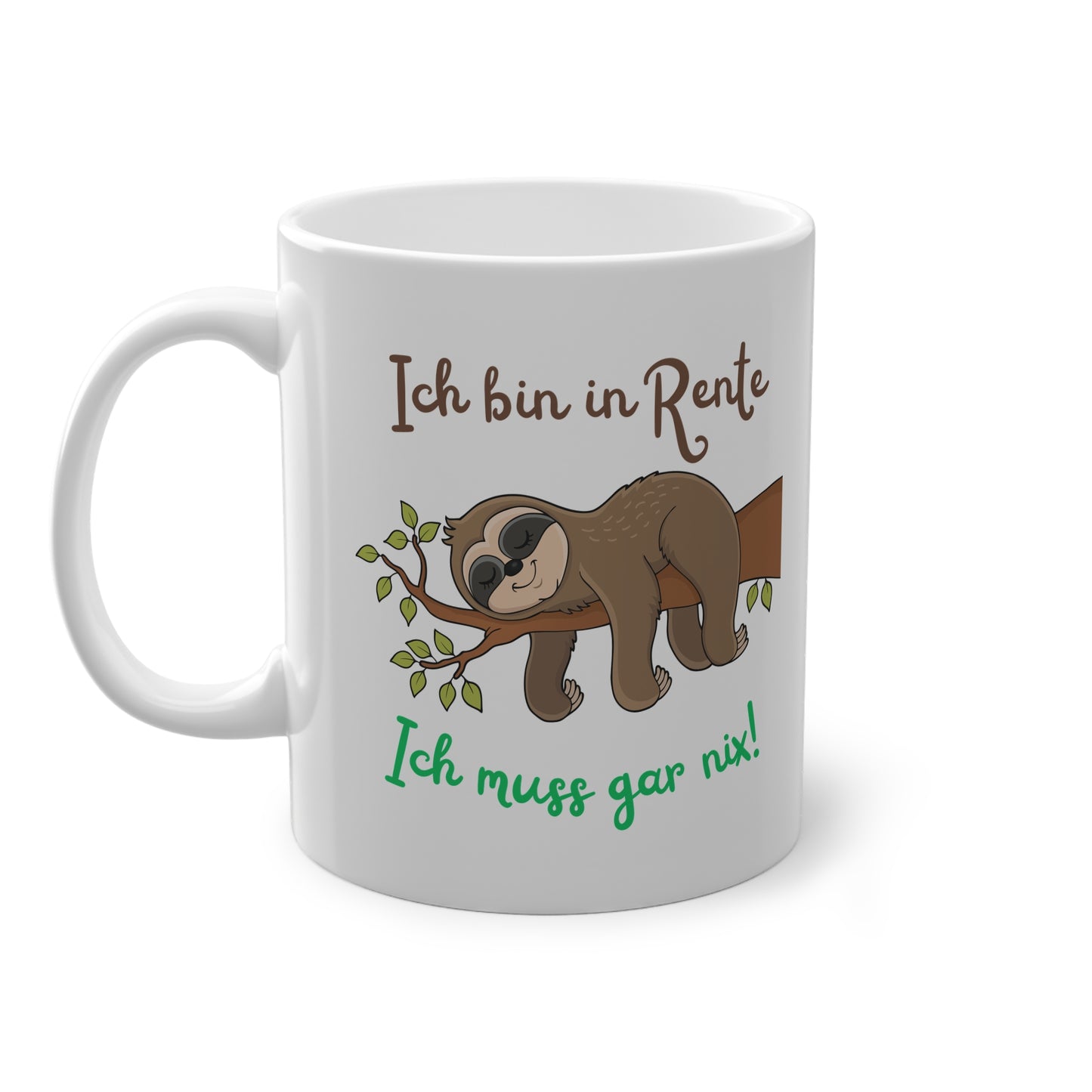Weiße Keramiktasse mit Faultier Motiv und Spruch ich bin in Rente