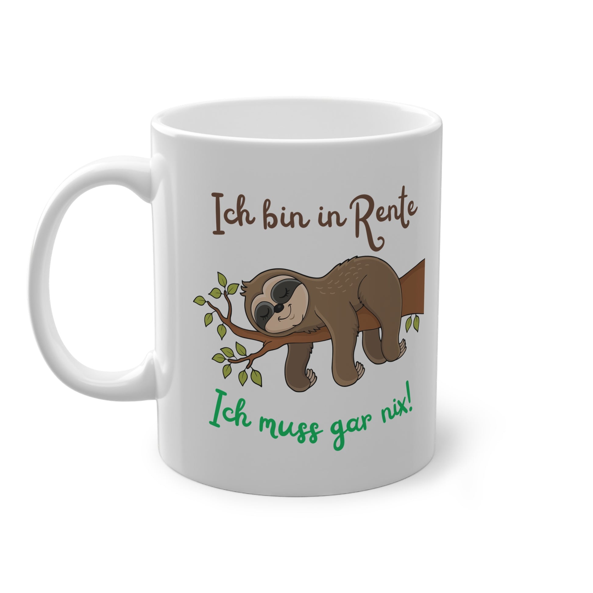 Weiße Keramiktasse mit Faultier Motiv und Spruch ich bin in Rente