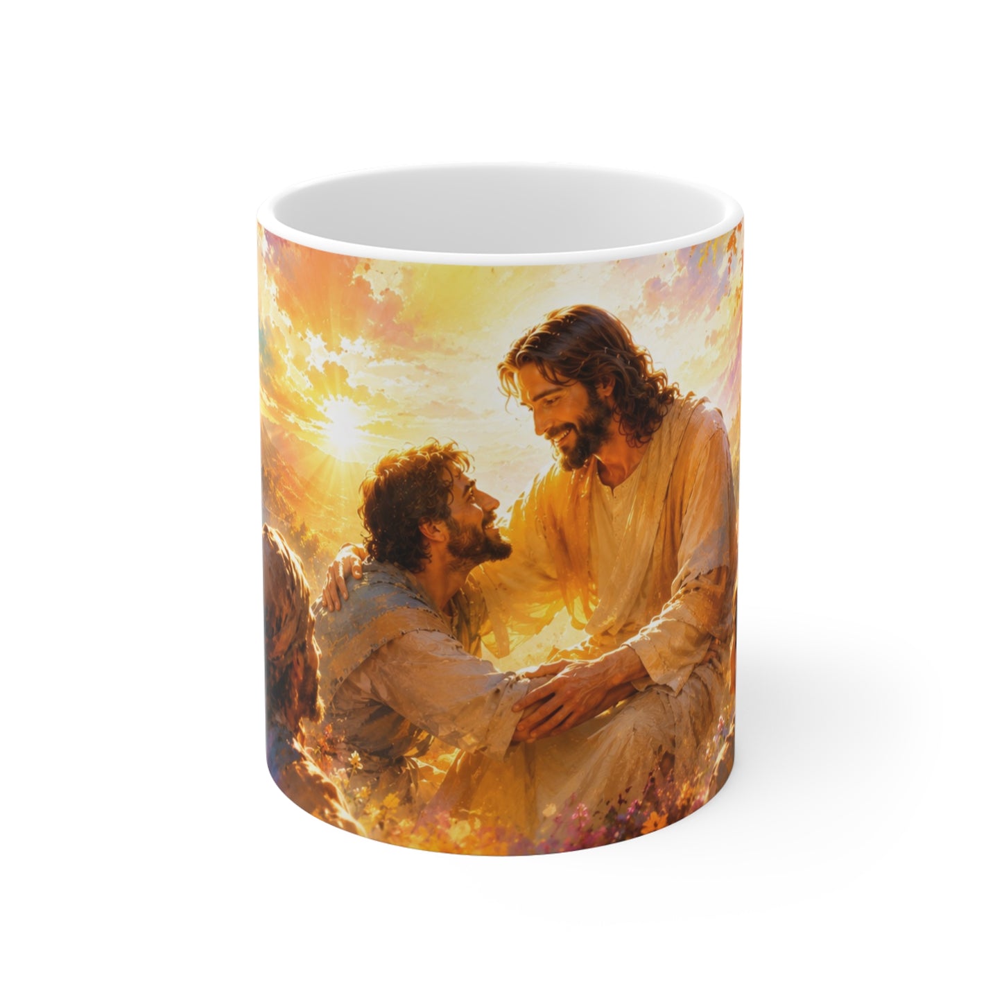 Jesus Tasse mit Gemeinschaft unter einem farbenfrohen Baum in warmen Gold- und Violetttönen
