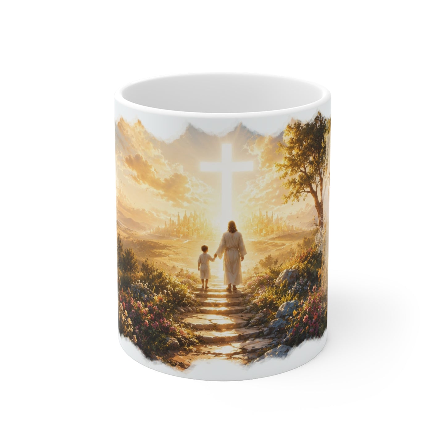 Jesus Tasse mit Jesus und Kind auf einem Weg zum leuchtenden Kreuz in goldener Landschaft