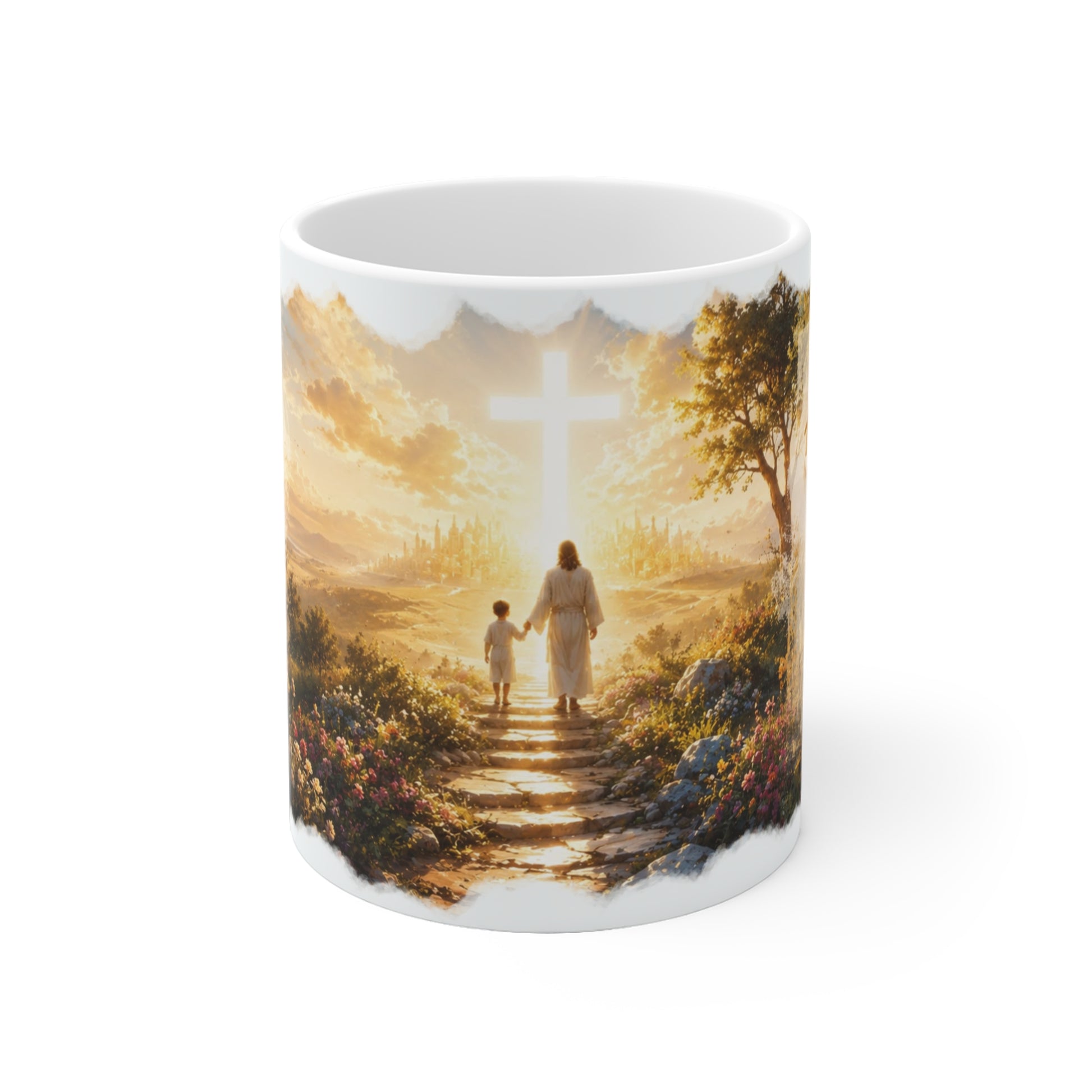 Jesus Tasse mit Jesus und Kind auf einem Weg zum leuchtenden Kreuz in goldener Landschaft