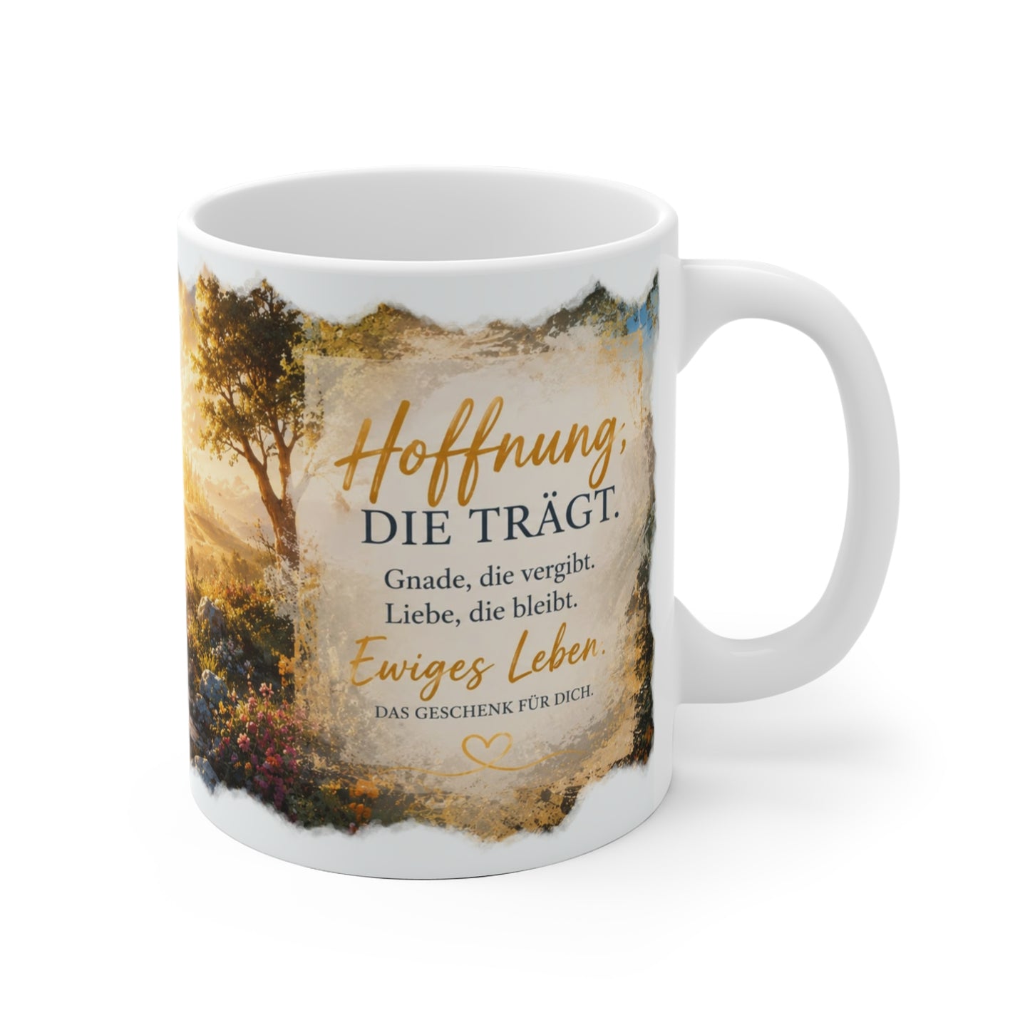 Jesus Tasse mit Jesus und Kind auf einem Weg zum leuchtenden Kreuz in goldener Landschaft