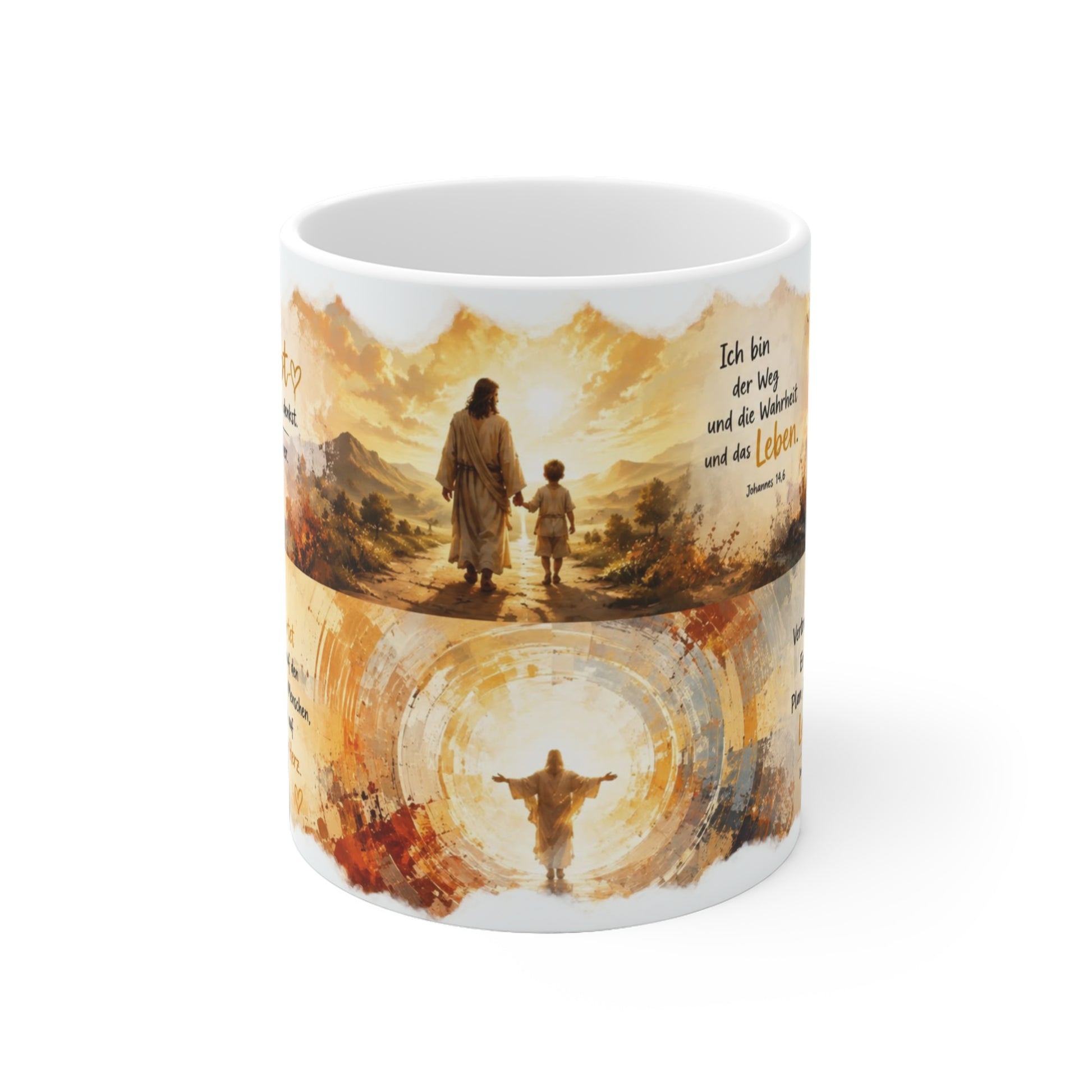 Jesus Tasse mit Kreuz und Bibelversen aus Johannes 14,6, Epheser 2,8 und Jeremia 29,11