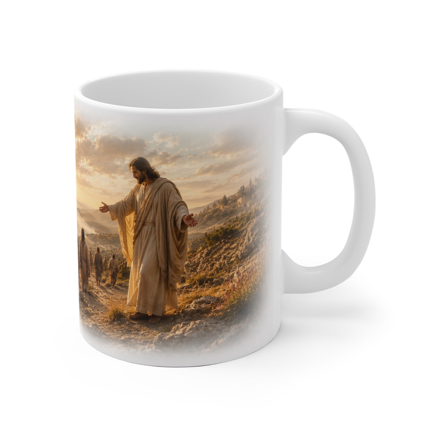 Jesus Tasse mit geöffneten Armen und Jüngern als Symbol für Glaube und Nachfolge