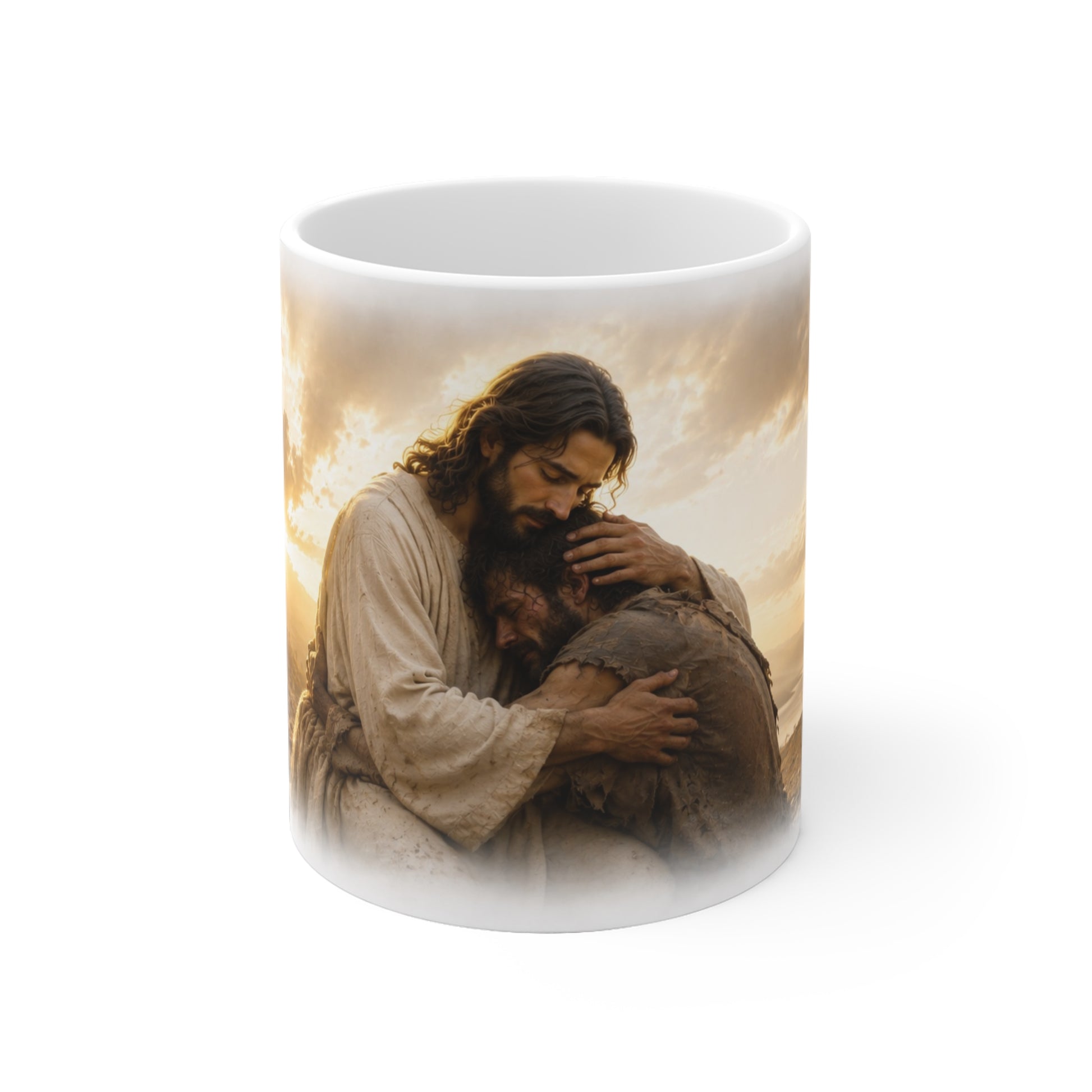 Jesus umarmt einen traurigen Menschen auf christlicher Tasse als Symbol für Trost und Geborgenheit