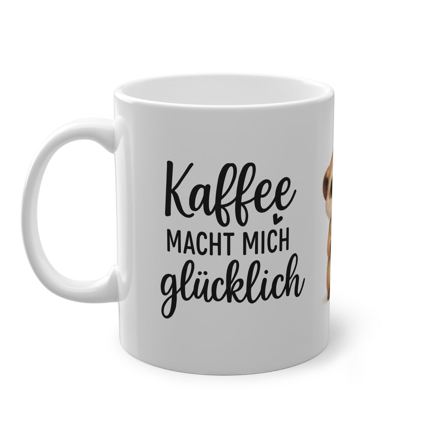 Weiße Kaffeetasse mit Spruch Kaffee macht mich glücklich und süßem Tiermotiv