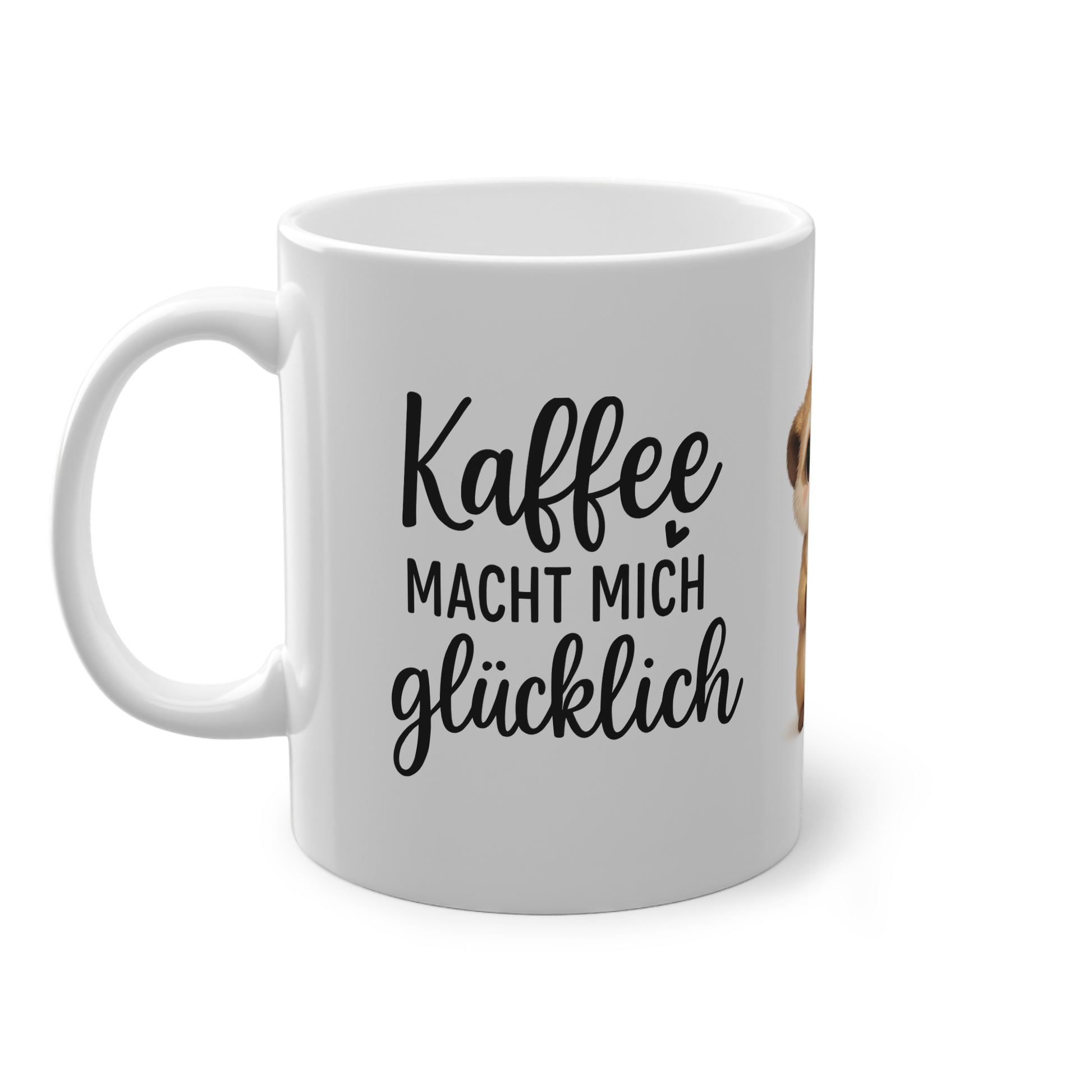 Weiße Kaffeetasse mit Spruch Kaffee macht mich glücklich und süßem Tiermotiv