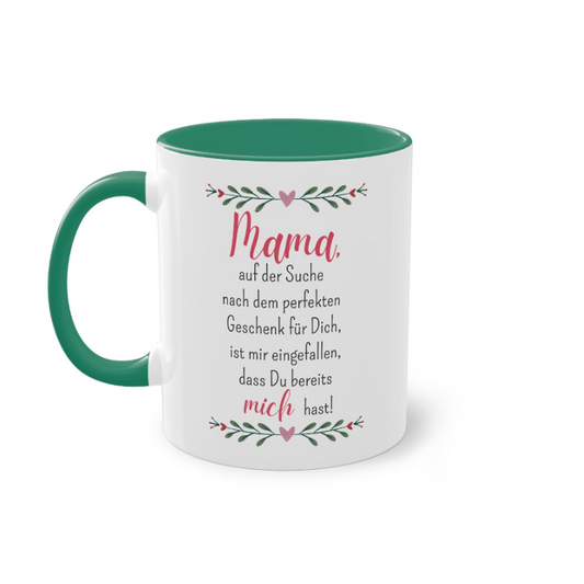 Keramiktasse für Mama 300 ml mit grünem Henkel und floralem Design