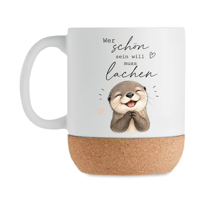 Keramiktasse mit Korkboden und lachendem Otter Motiv