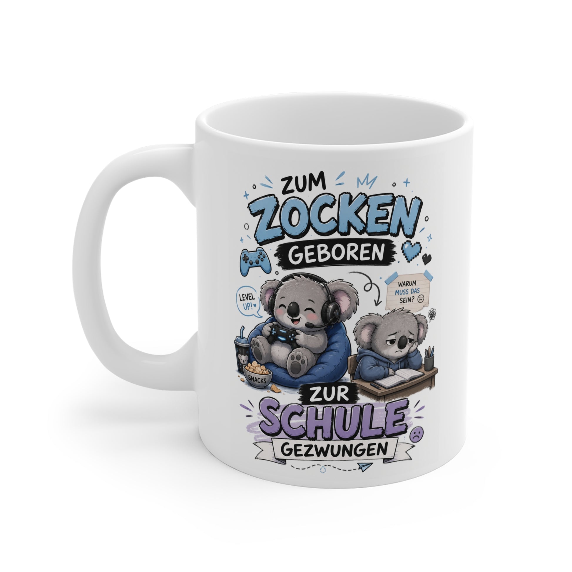 Weiße Keramiktasse mit Koala beim Zocken und gelangweiltem Koala im Unterricht sowie dem Spruch „Zum Zocken geboren zur Schule gezwungen“