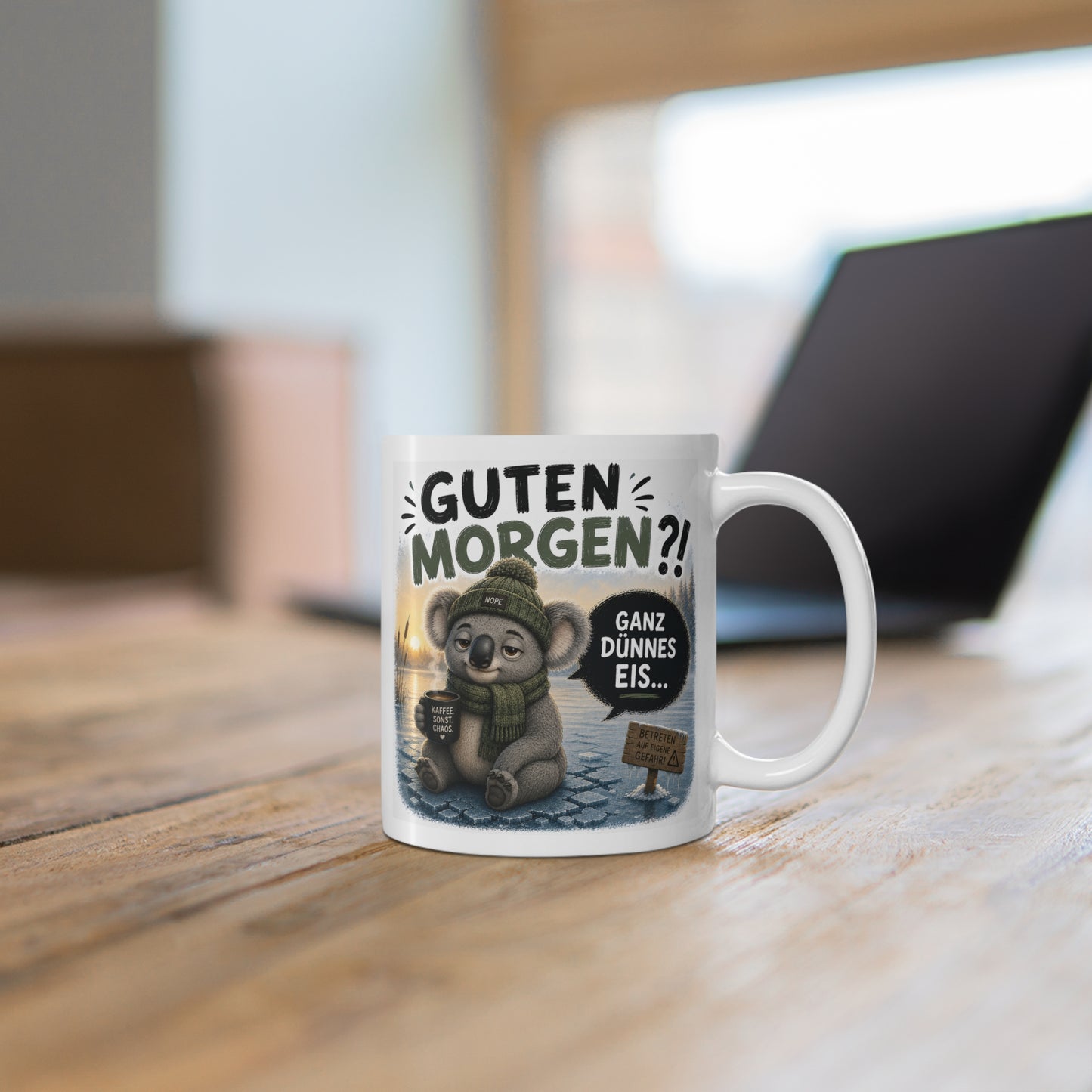 Guten Morgen Ganz Dünnes Eis Koala Tasse – Lustige Morgenmuffel Kaffeetasse – Witziges Büro Geschenk für Kaffeefans