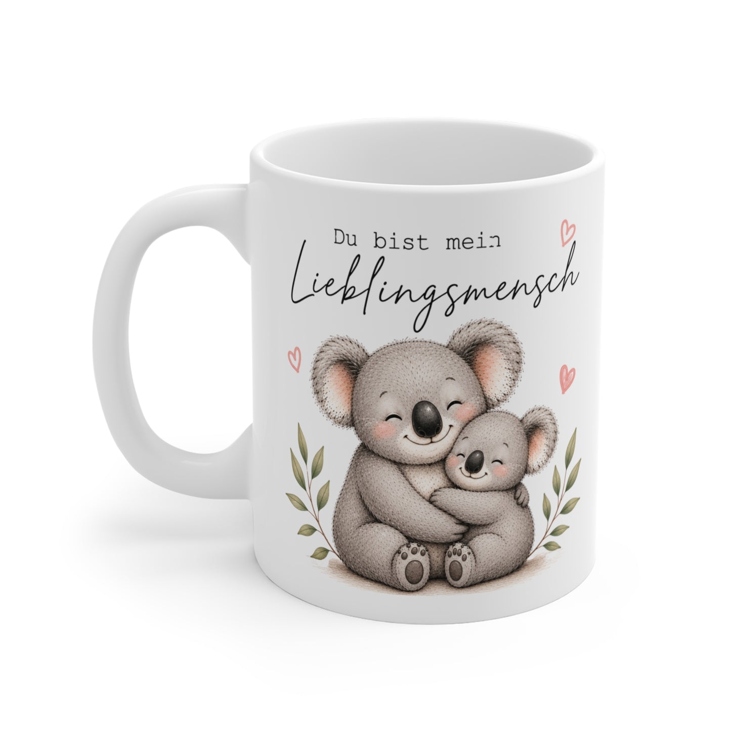 Weiße Keramiktasse mit niedlichem Koala-Duo und dem Spruch „Du bist mein Lieblingsmensch“