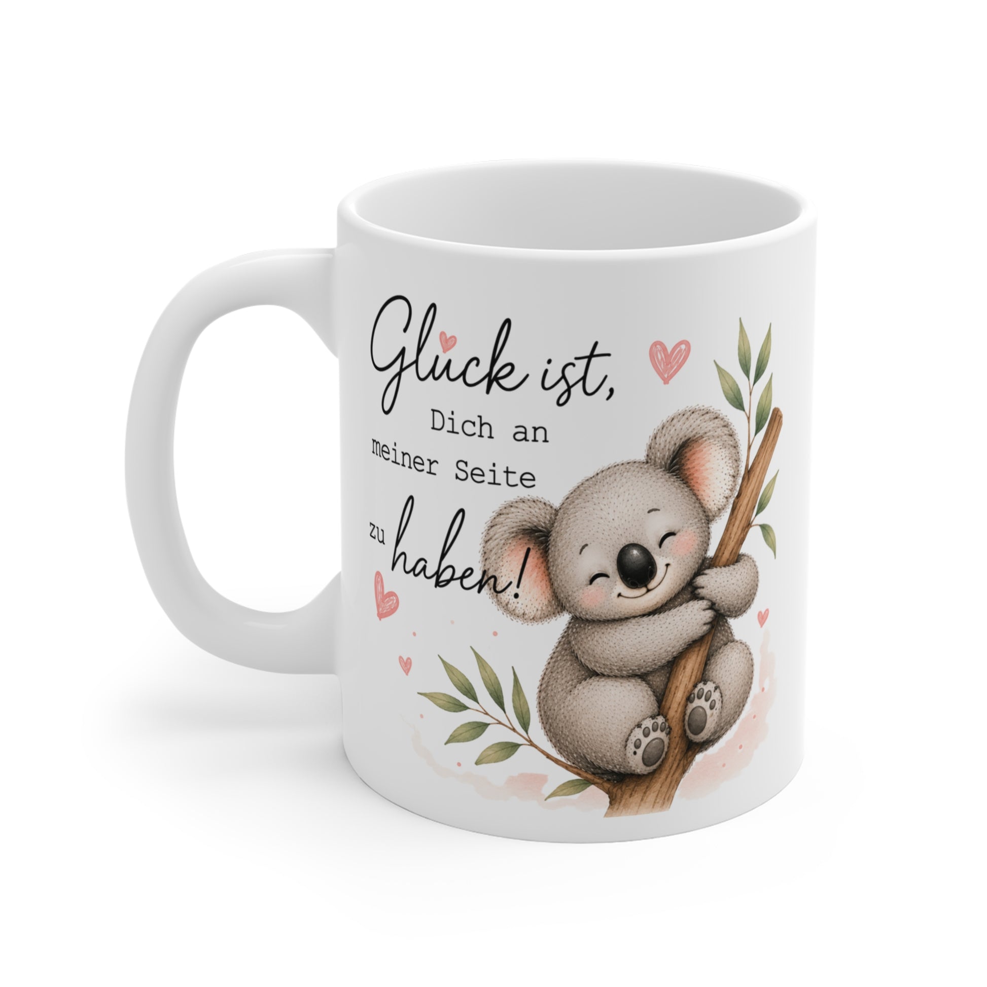 Weiße Keramiktasse mit niedlichem Koala auf Ast und dem Spruch „Glück ist, Dich an meiner Seite zu haben!“