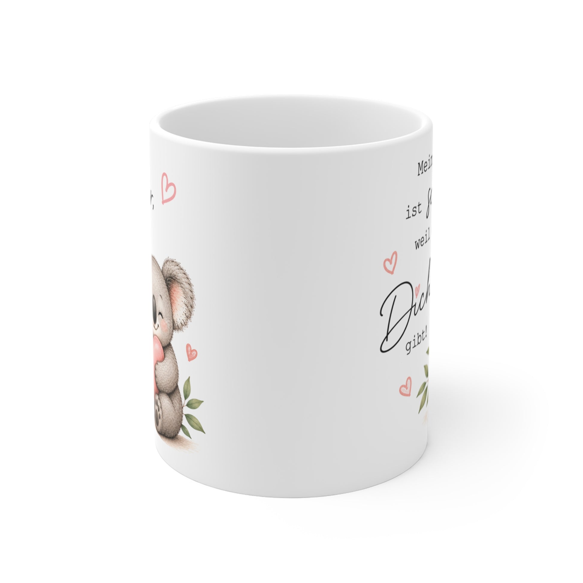 Rundum bedruckte Keramiktasse mit seitlich sichtbarem Koala-Motiv, Herzillustration und romantischem Spruch