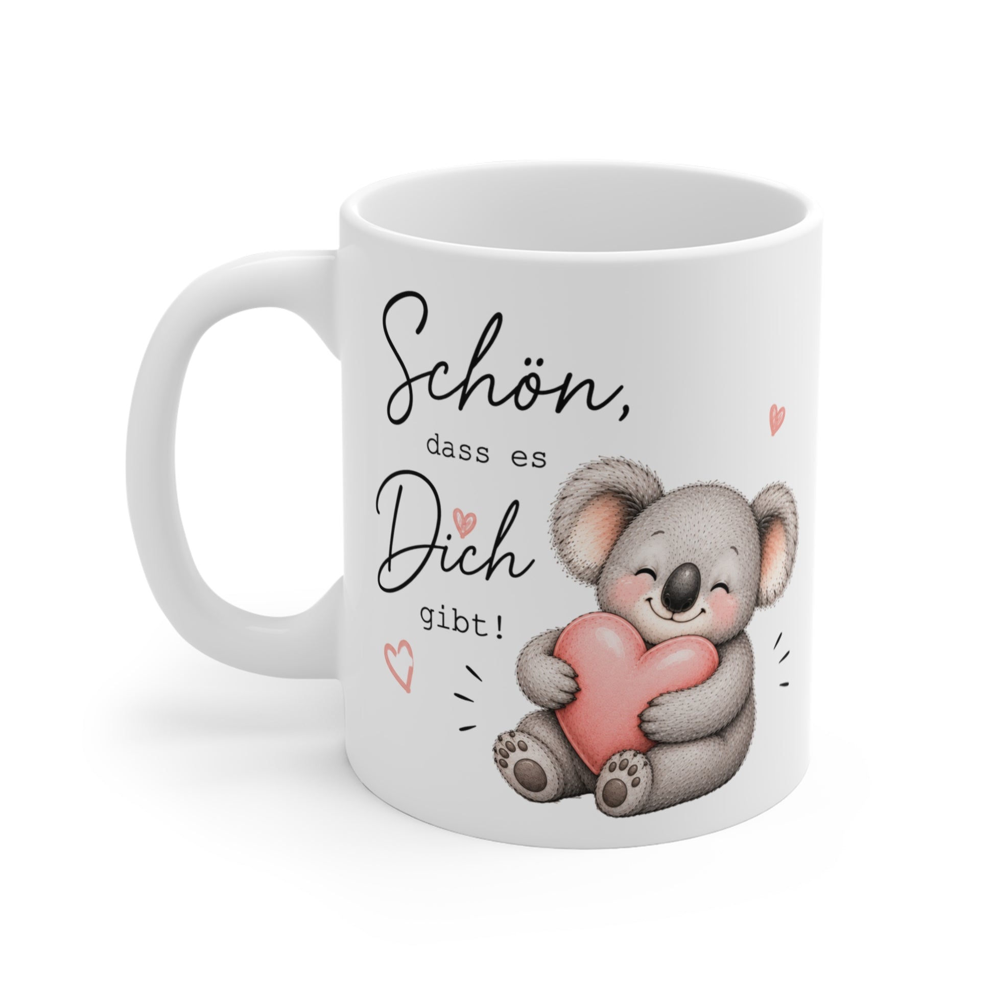Weiße Keramiktasse mit süßem Koala, großem Herz und dem Spruch „Schön, dass es Dich gibt!“