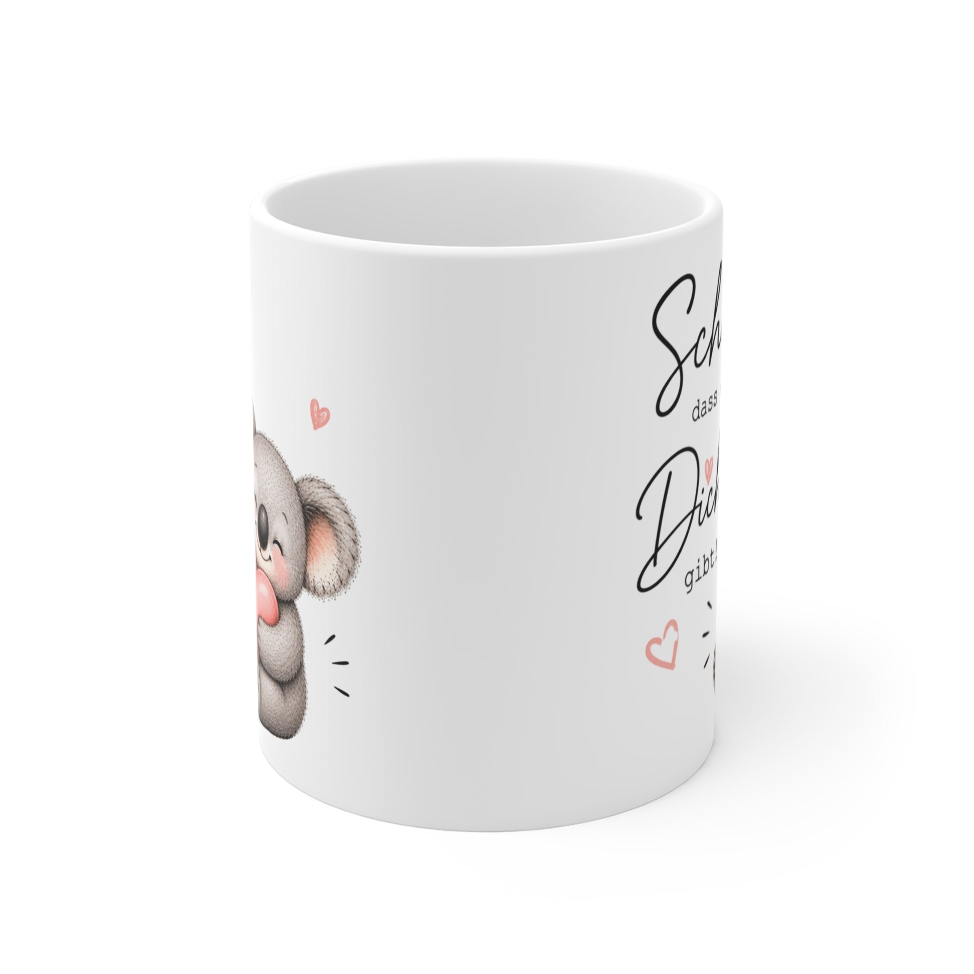 Rundum bedruckte Keramiktasse mit seitlich sichtbarem Koala-Motiv, rosa Herzen und liebevoller Gestaltung