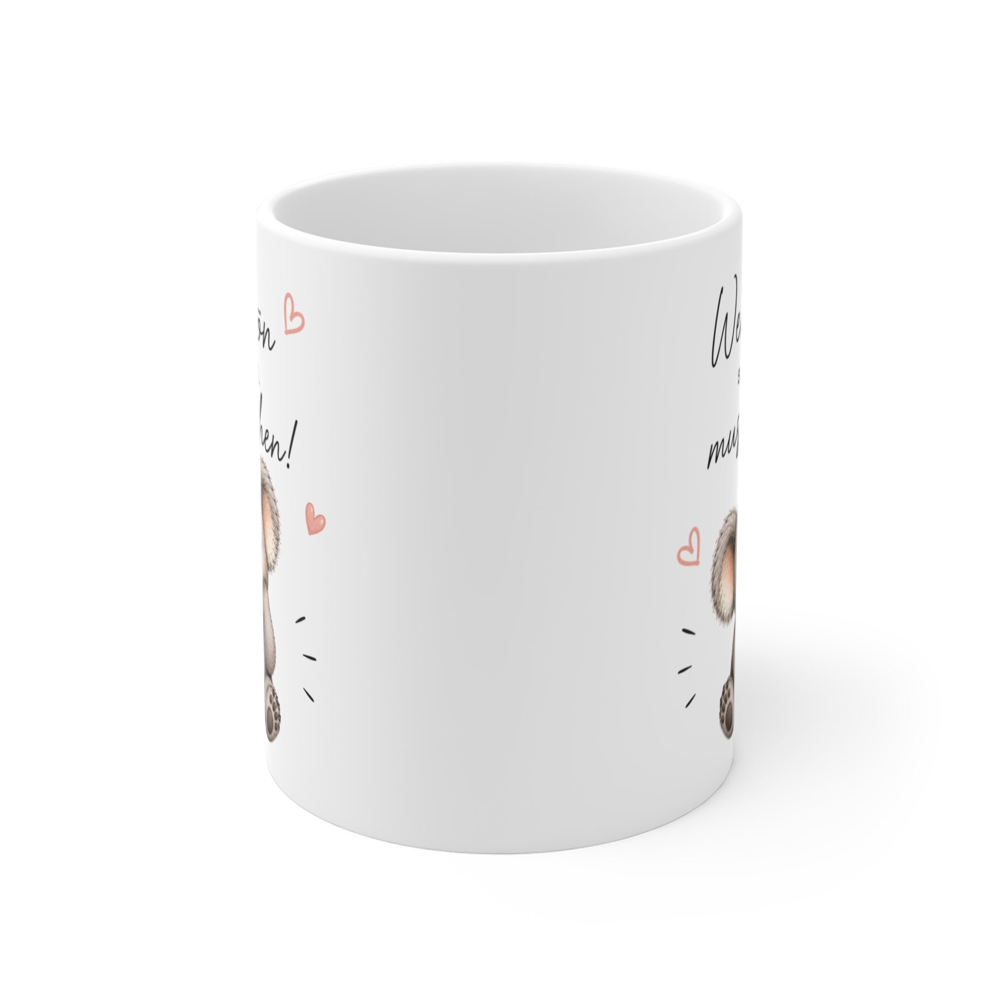 Rundum bedruckte Keramiktasse mit seitlich sichtbarem Koala-Motiv und Spruchdesign