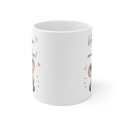 Rundum bedruckte Keramiktasse mit seitlich sichtbarem Koala-Motiv und Spruchdesign