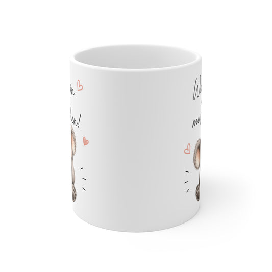 Rundum bedruckte Keramiktasse mit seitlich sichtbarem Koala-Motiv und Spruchdesign
