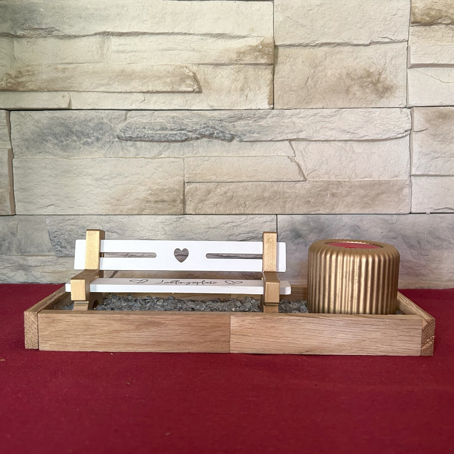 Deko Bank "Lieblingsplatz" mit Teelichthalter – Edles Design, Naturholz & Gold – Romantische Deko