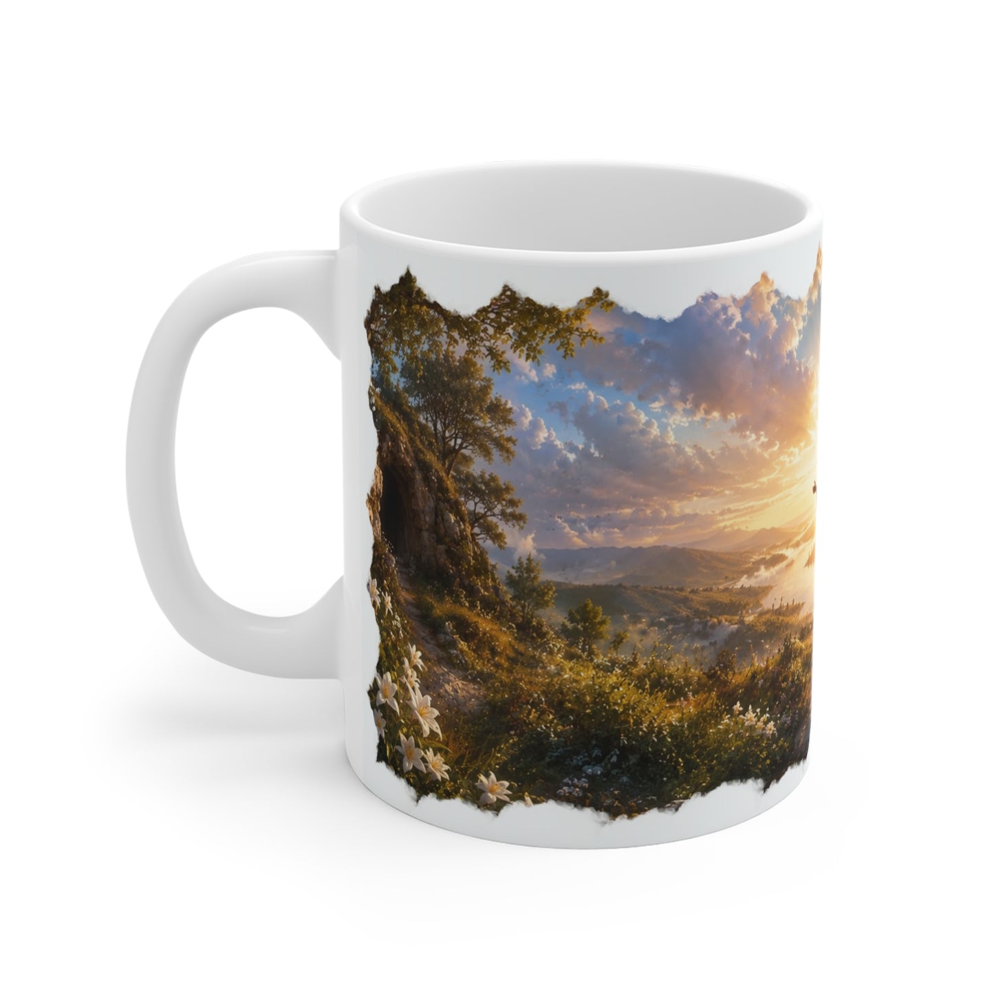 Linke Ansicht einer weißen Jesus Tasse mit sonniger Berglandschaft, Blumen und christlichem Panorama-Motiv