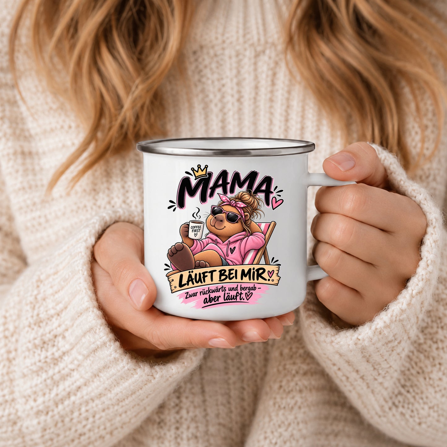 Mama Emaille Becher mit Kaffee und Liebe Motiv – Geschenkidee für Mutter