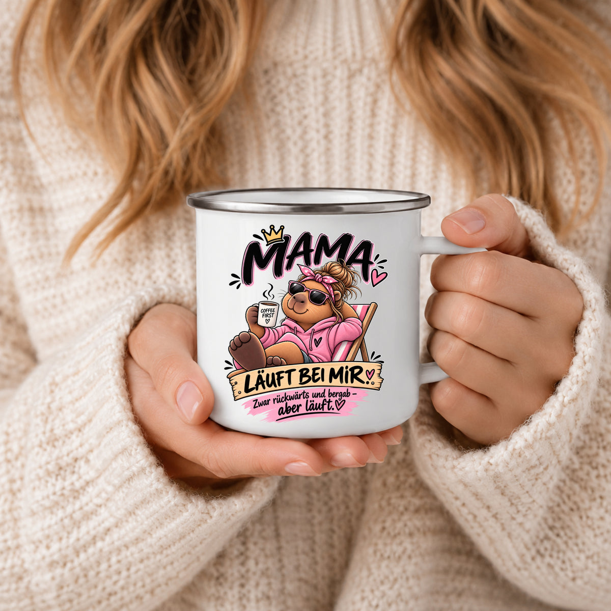 Mama Emaille Becher mit Kaffee und Liebe Motiv – Geschenkidee für Mutter