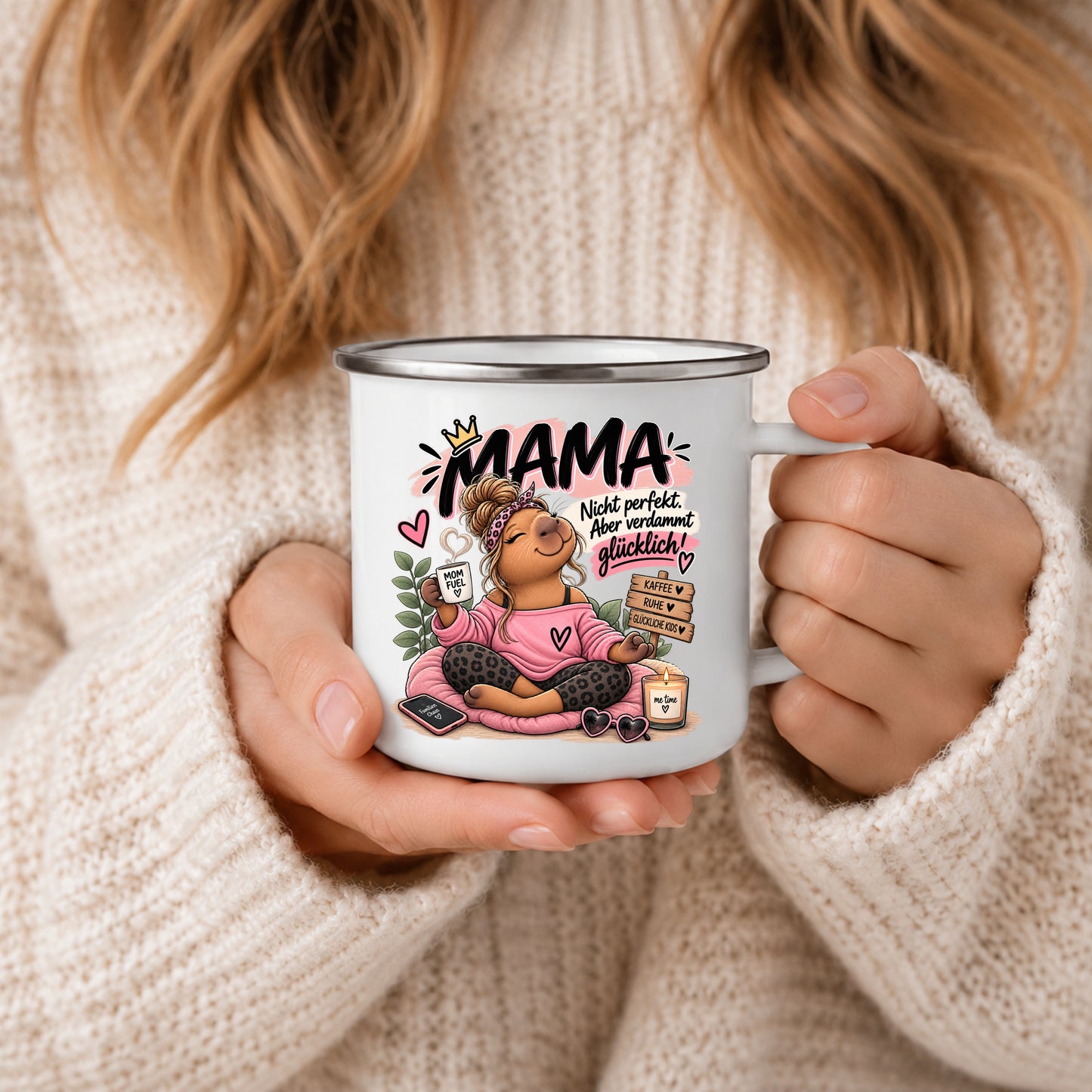 Mama Emaille Becher mit Kindern und Kaffee Motiv – liebevolle Geschenkidee für Mama