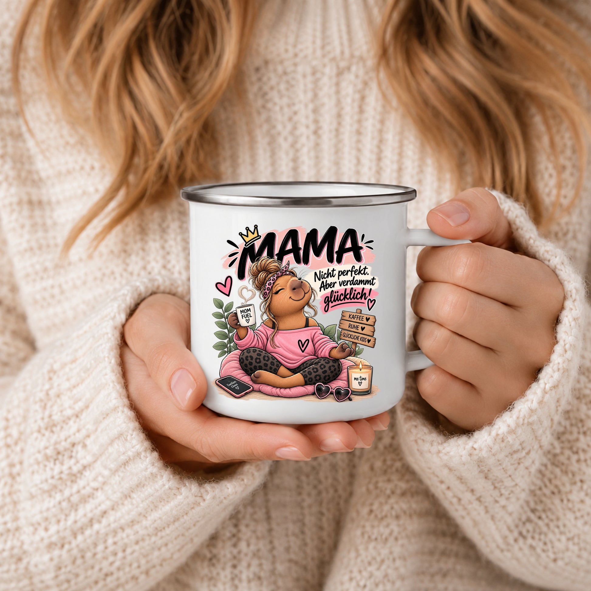 Mama Emaille Becher mit Kindern und Kaffee Motiv – liebevolle Geschenkidee für Mama