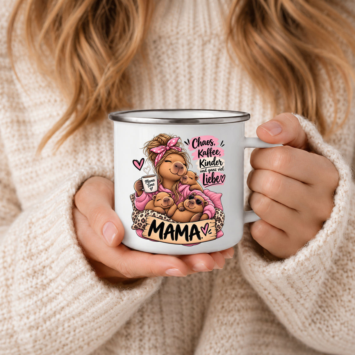 Mama Emaille Becher mit lustigem Spruch und modernem rosa Motiv als Geschenk für Mutter
