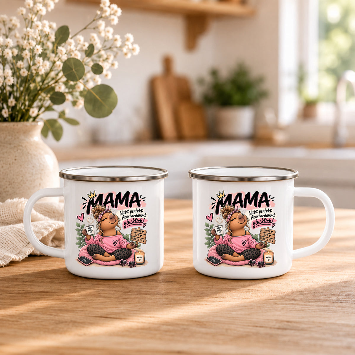 Mama Emaille Tasse mit beidseitigem Motiv – Geschenk zum Muttertag oder Geburtstag