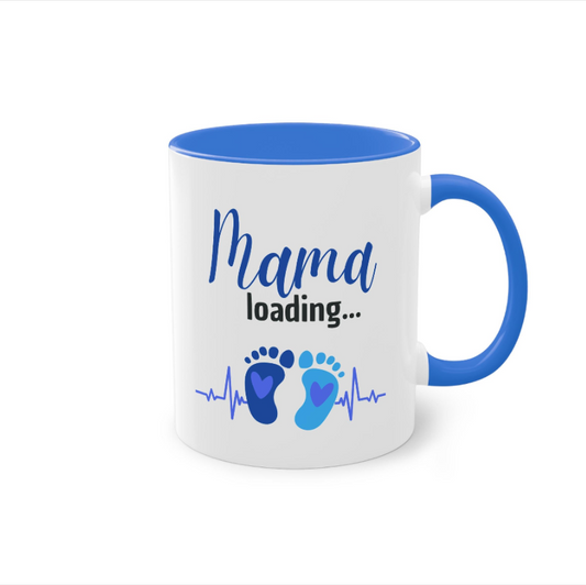 Mama loading Tasse blau mit Babyfüßchen Motiv – Keramiktasse Geschenk für werdende Mama zur Schwangerschaft