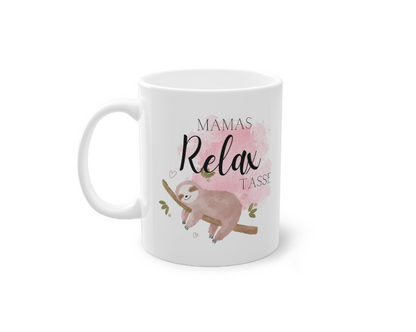 Keramiktasse mit Faultier Motiv und Schriftzug Mamas Relax Tasse – Geschenkidee für Mama
