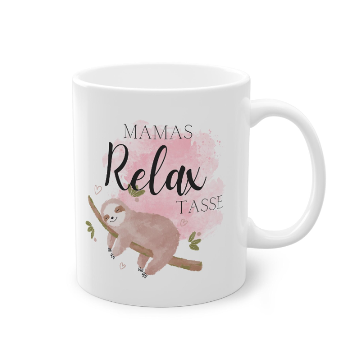 Keramiktasse mit Faultier Motiv und Schriftzug Mamas Relax Tasse – Geschenkidee für Mama

