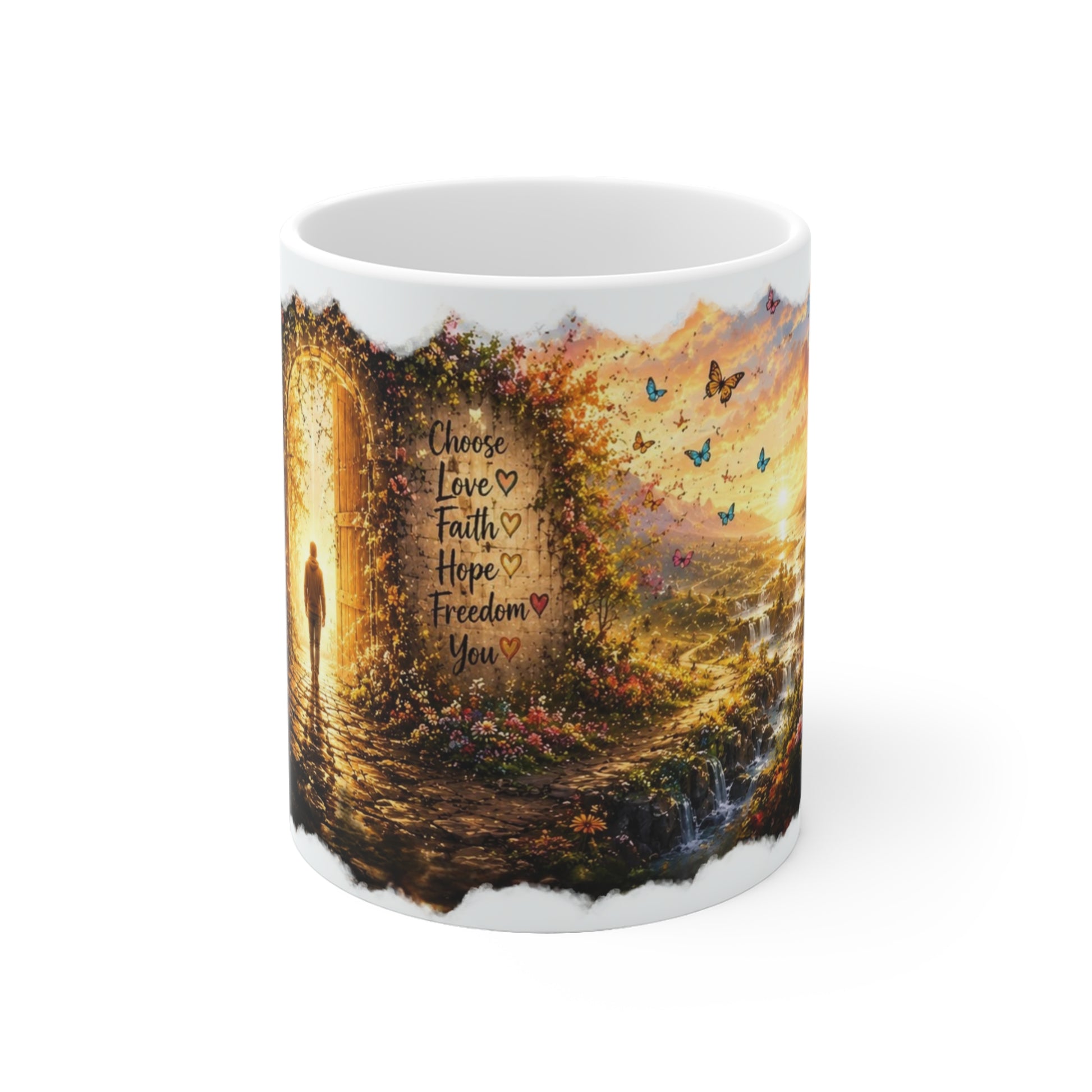 Motivationstasse mit sonniger Landschaft, Schmetterlingen, Blumen, Person und Hund als Symbol für Neuanfang und Lebensfreude