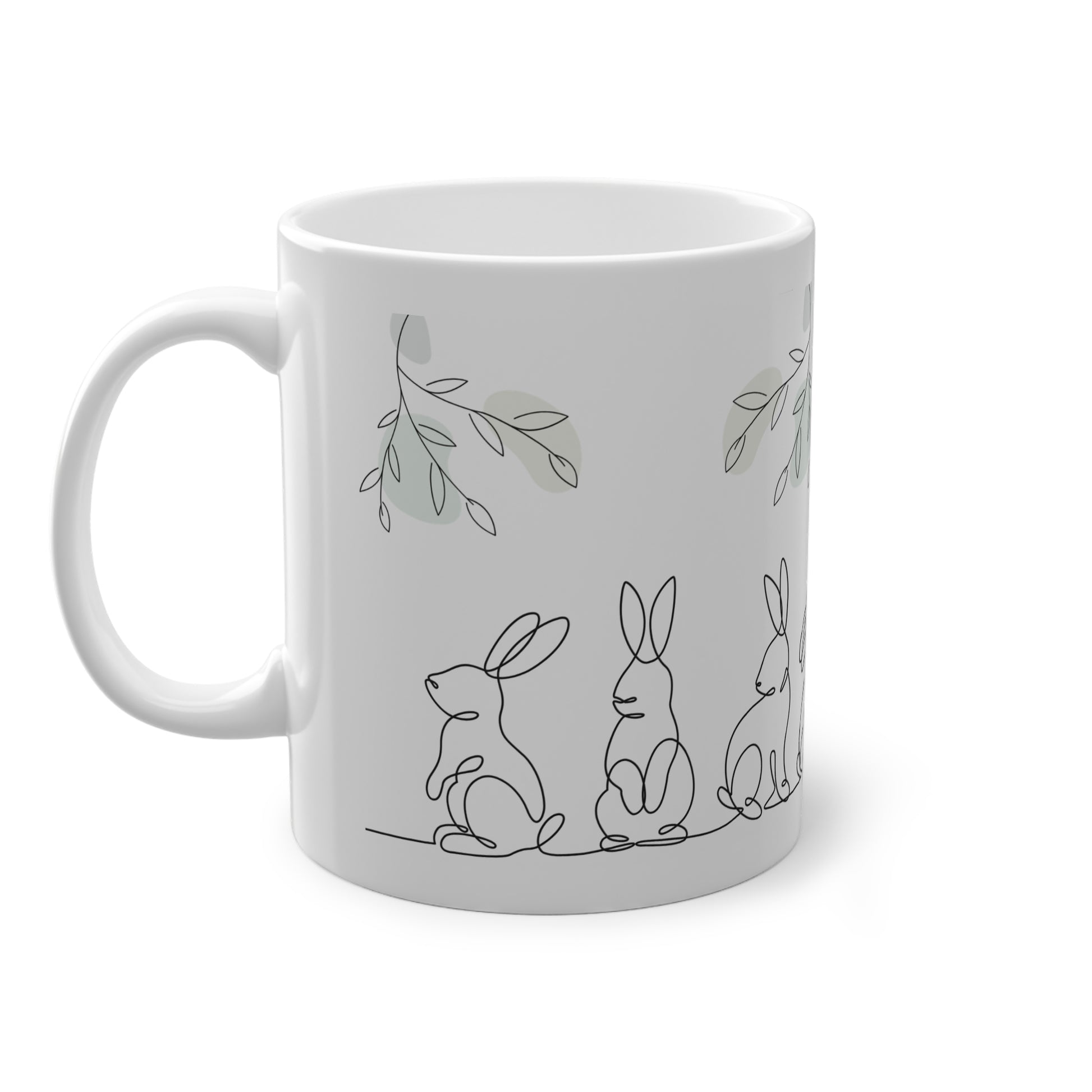 Weiße Keramiktasse mit minimalistischen Hasen Zeichnungen und Frühlingsmotiv