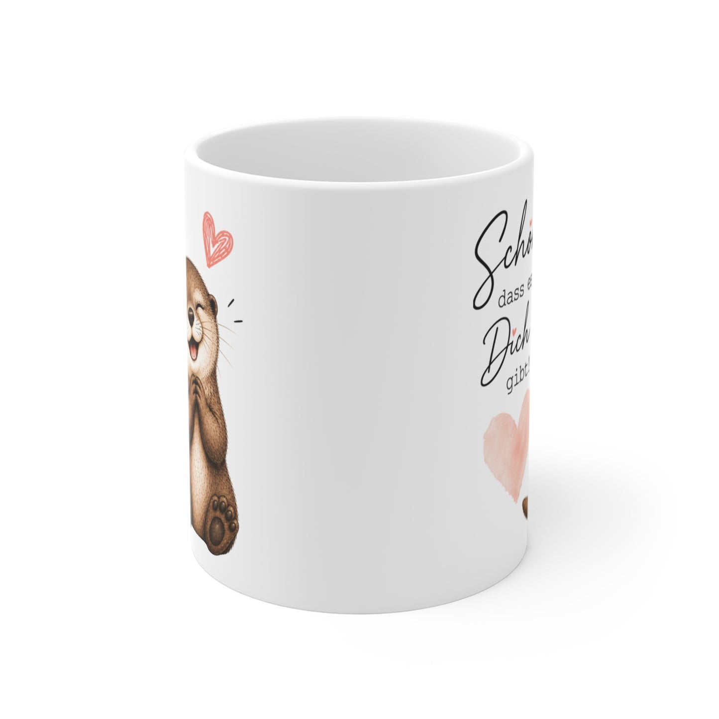 Rundum bedruckte Keramiktasse mit seitlich sichtbarem Ottermotiv, Herzsymbolen und Schriftzug auf weißem Hintergrund